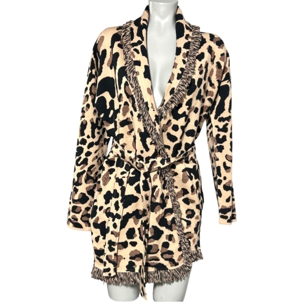 Chico’s Animal Print Fringe Belted Cardigan Sz XXL EUC